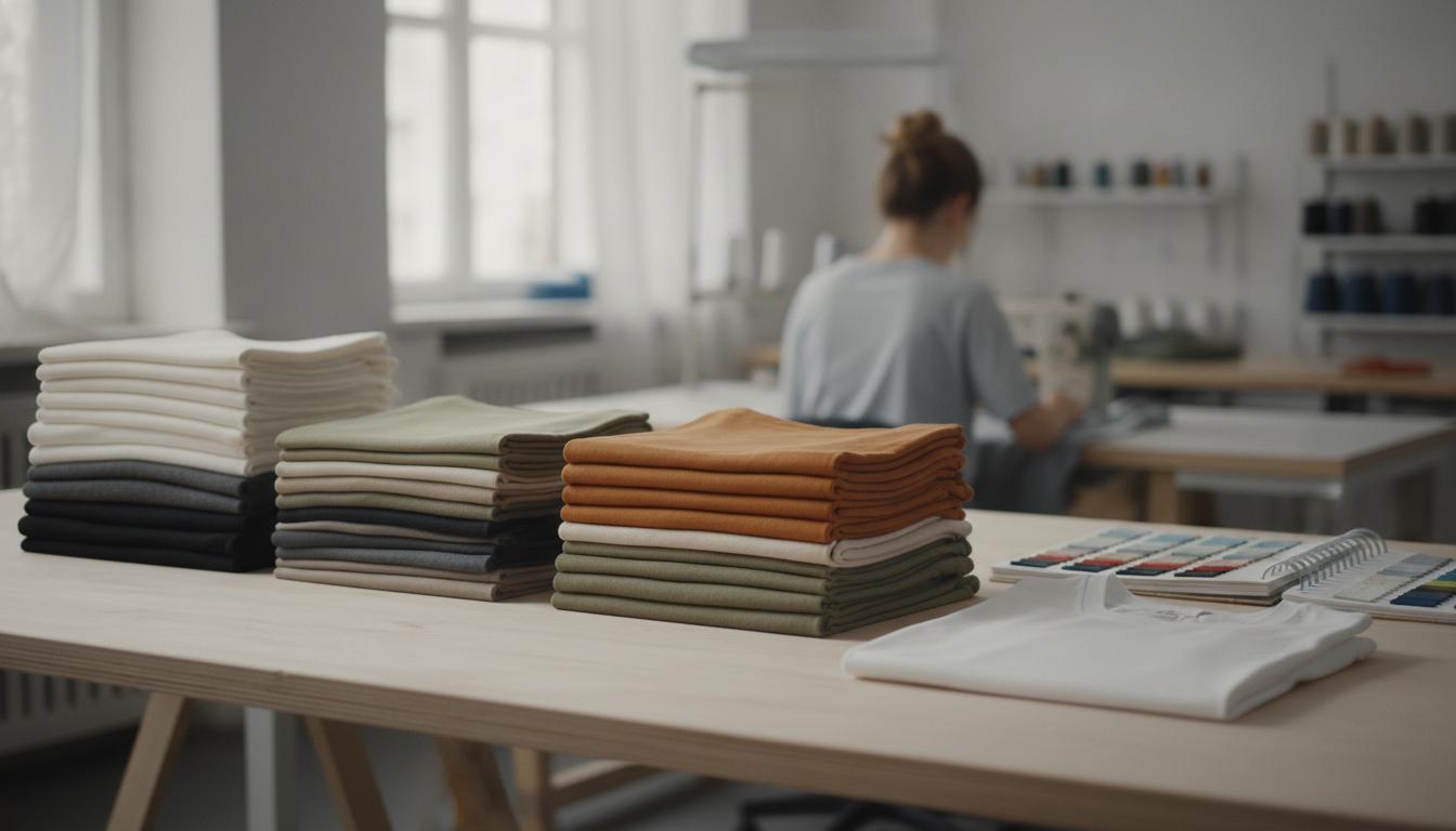 Tejidos de distinto gramaje de una camiseta apilados en un taller textil